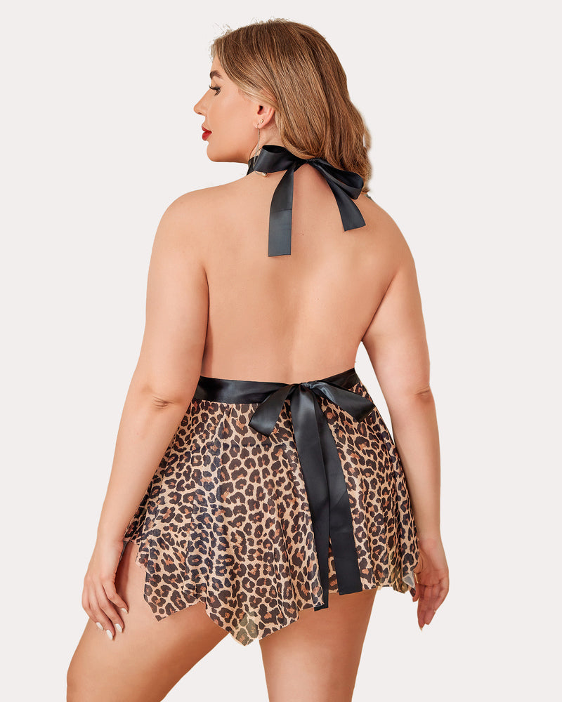 Floral lace high waist teddy babydoll back view with leopard print skirt and black bow