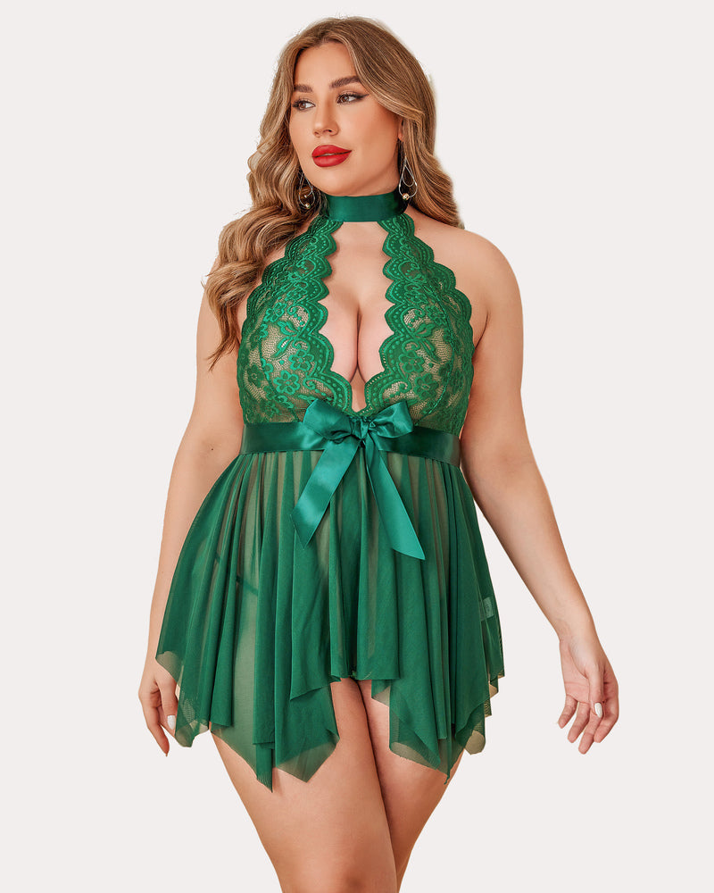 Floral lace high waist teddy babydoll in green with lace halter and satin ribbon bow