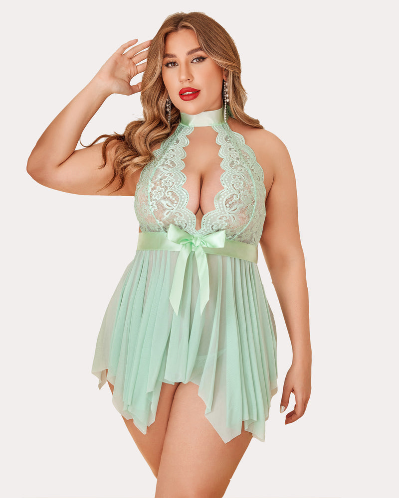 Floral lace high waist teddy babydoll in mint green with lace halter and ribbon bow