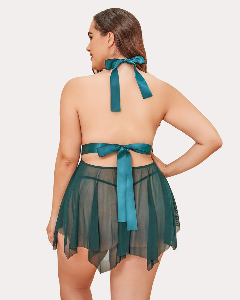 Plus size lace halter babydoll back view with ribbon tie and sheer tulle skirt, teal