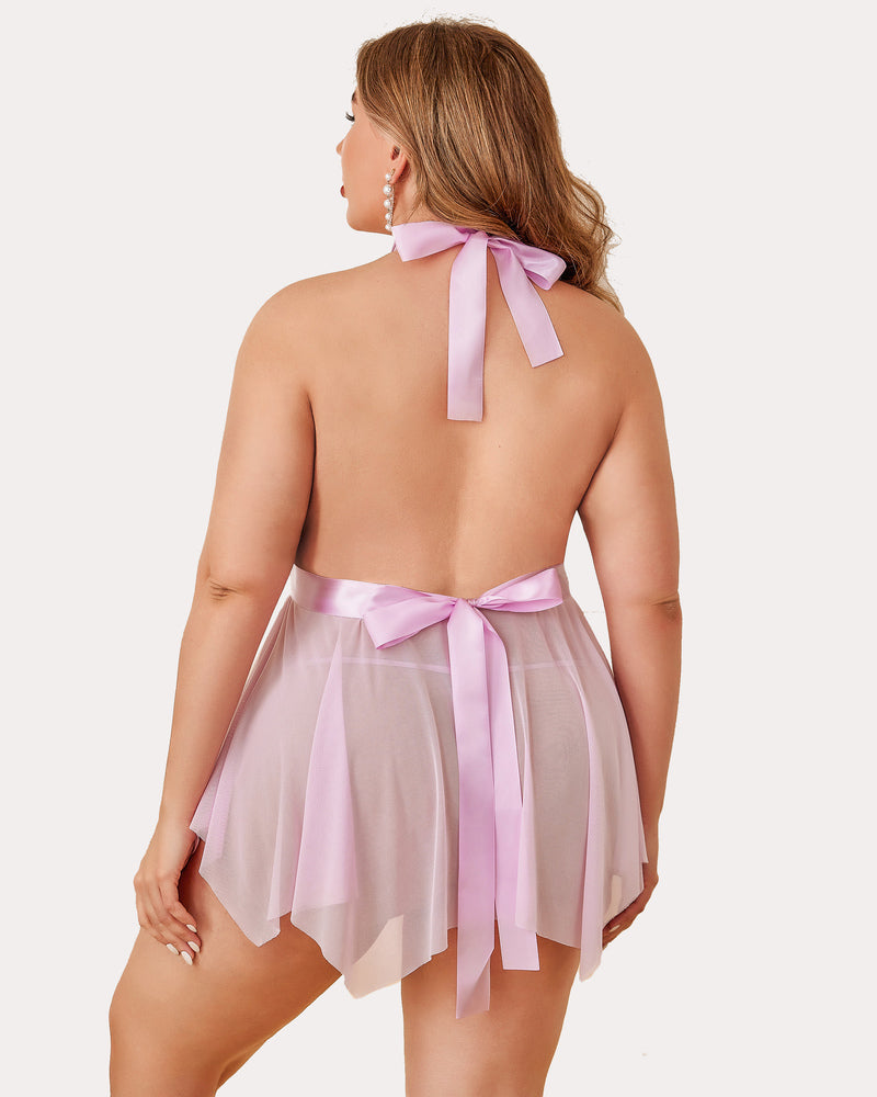 Pink lace high-waist babydoll teddy with halter bow and layered sheer ruffle skirt