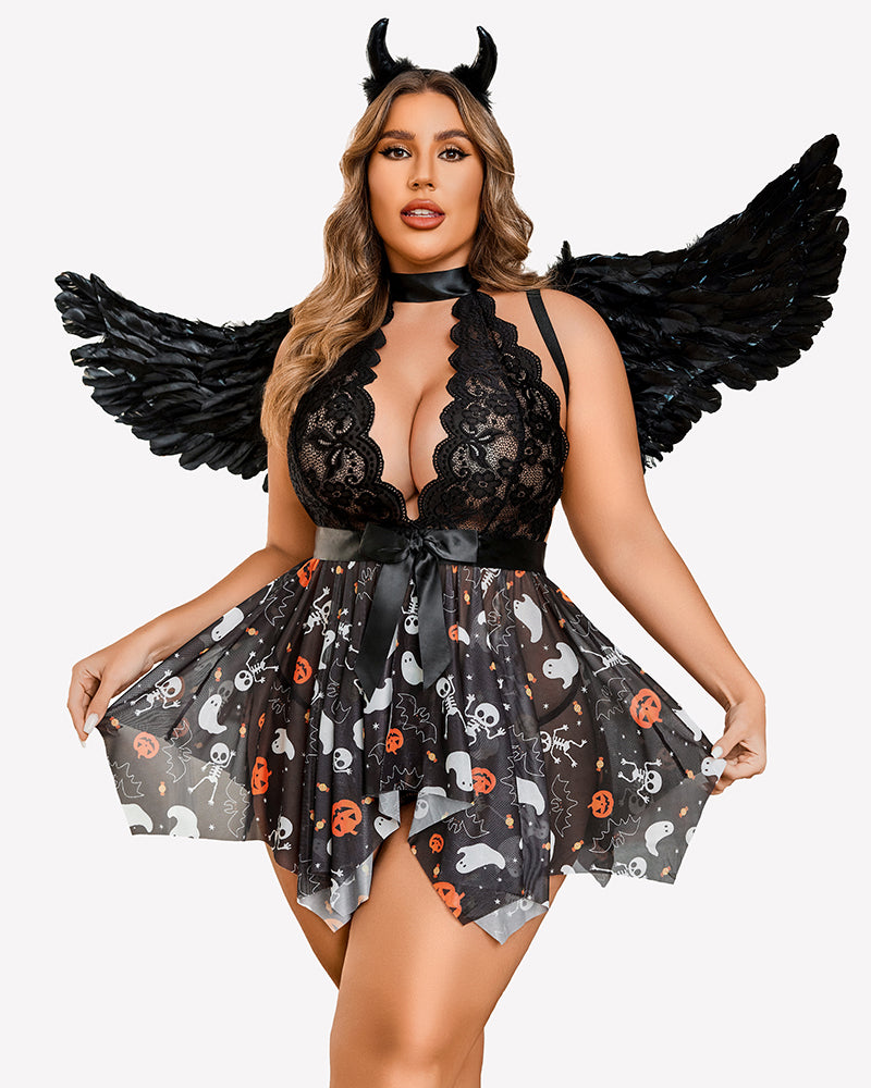 Black lace halter babydoll teddy with scalloped cups and Halloween-print flared skirt