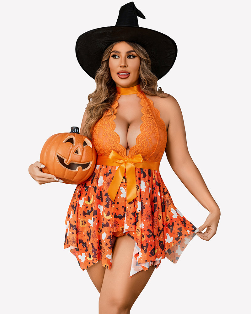 Orange lace halter babydoll teddy with ribbon waist tie and Halloween-print flared skirt