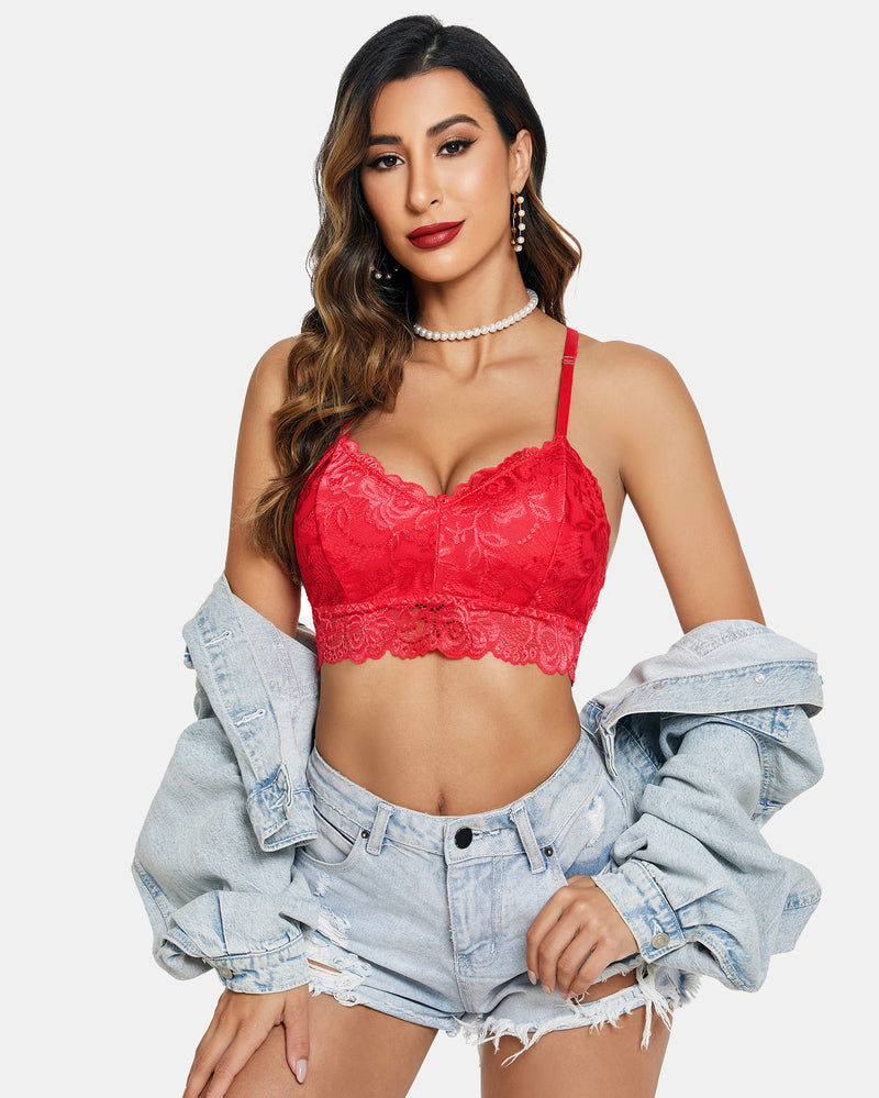 Red padded floral lace V-neck crop top with lace overlay and scalloped hem