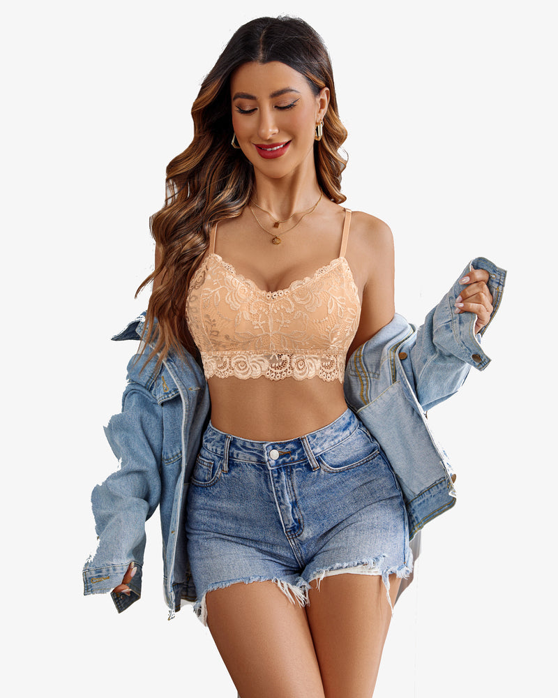 Padded floral lace V-neck crop top, cream front with lace bra cups and scalloped hem
