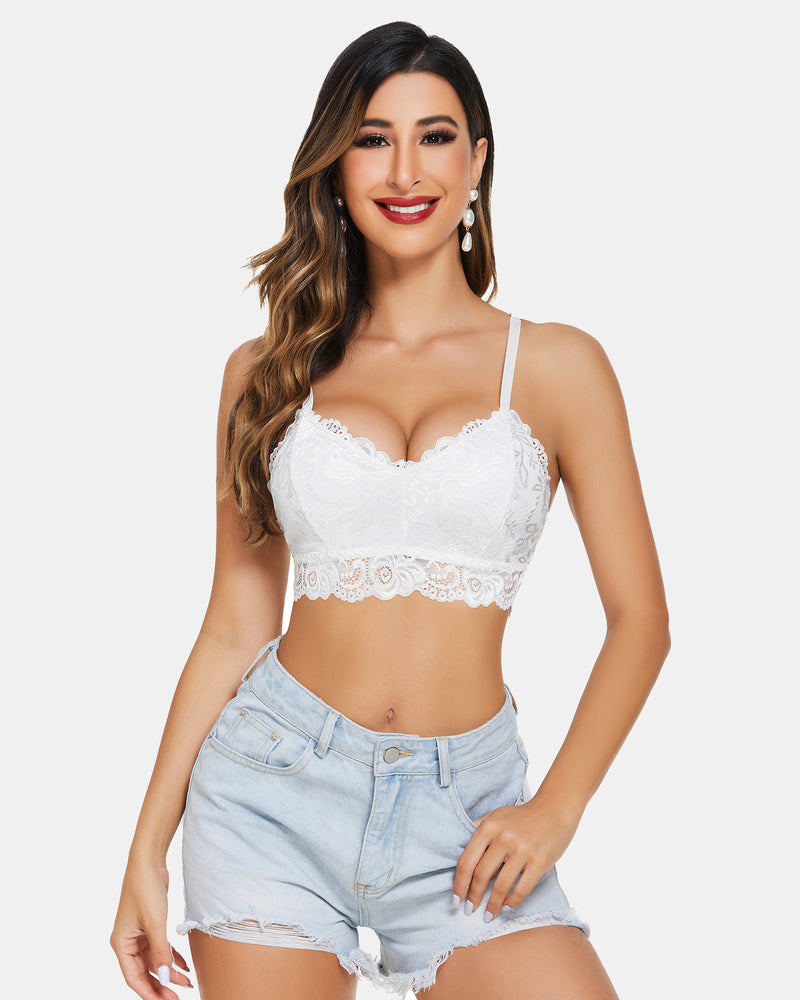 White padded floral lace V-neck crop top with thin adjustable straps