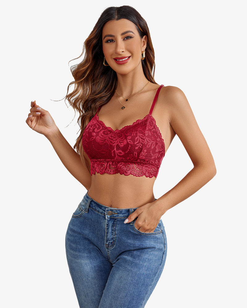 Padded floral lace V-neck crop top, wine red lace with scalloped band at hem