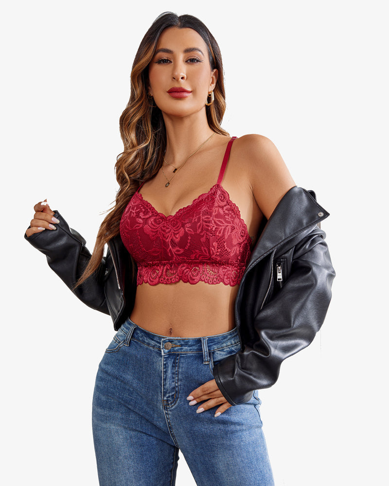 Padded floral lace V-neck crop top, wine red lace front with V-neck and thin straps