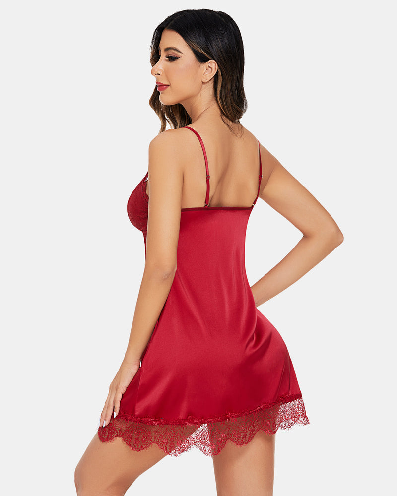 Red satin nightgown with lace-trimmed back and V-neck front, sleeveless