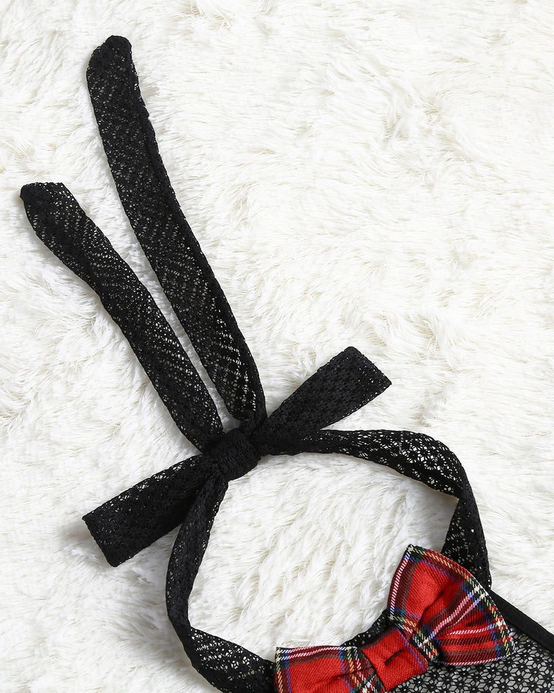 Black mesh bow tie with red and black plaid waistband detail