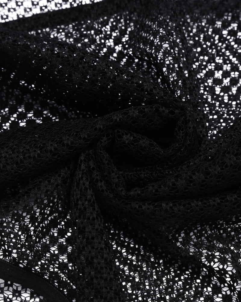 Black lace mesh bodysuit fabric with sheer floral pattern close-up