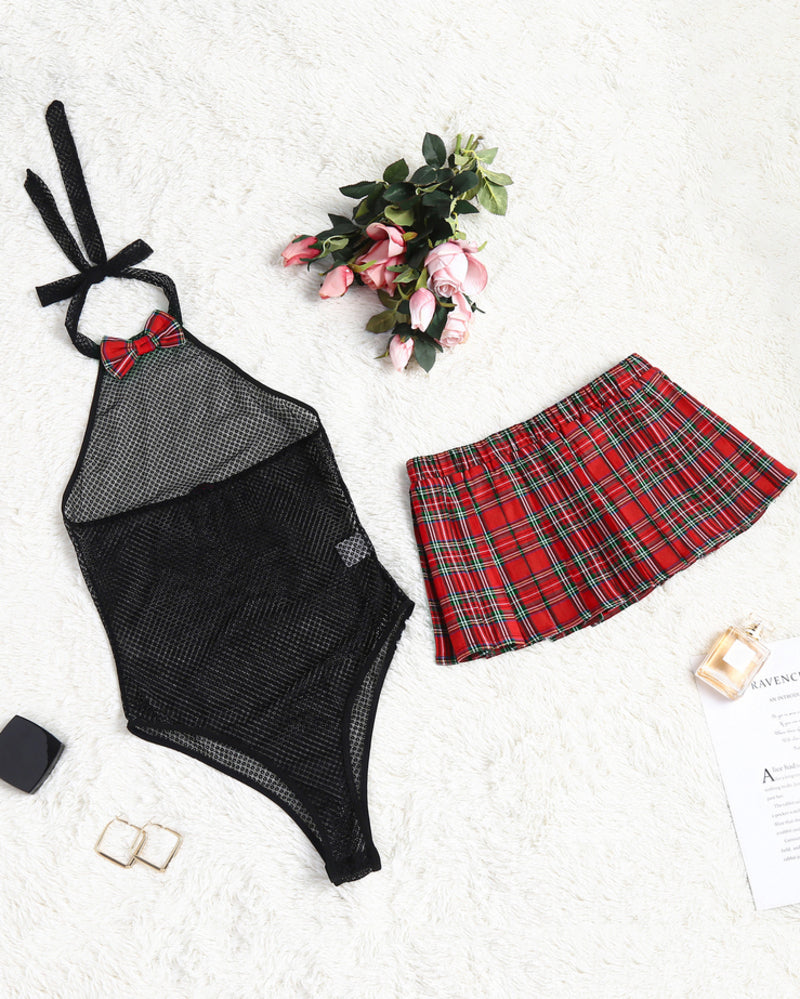 Black mesh snap-crotch bodysuit with bow and red plaid mini skirt set