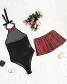 Black mesh snap-crotch bodysuit with bow and red plaid mini skirt set