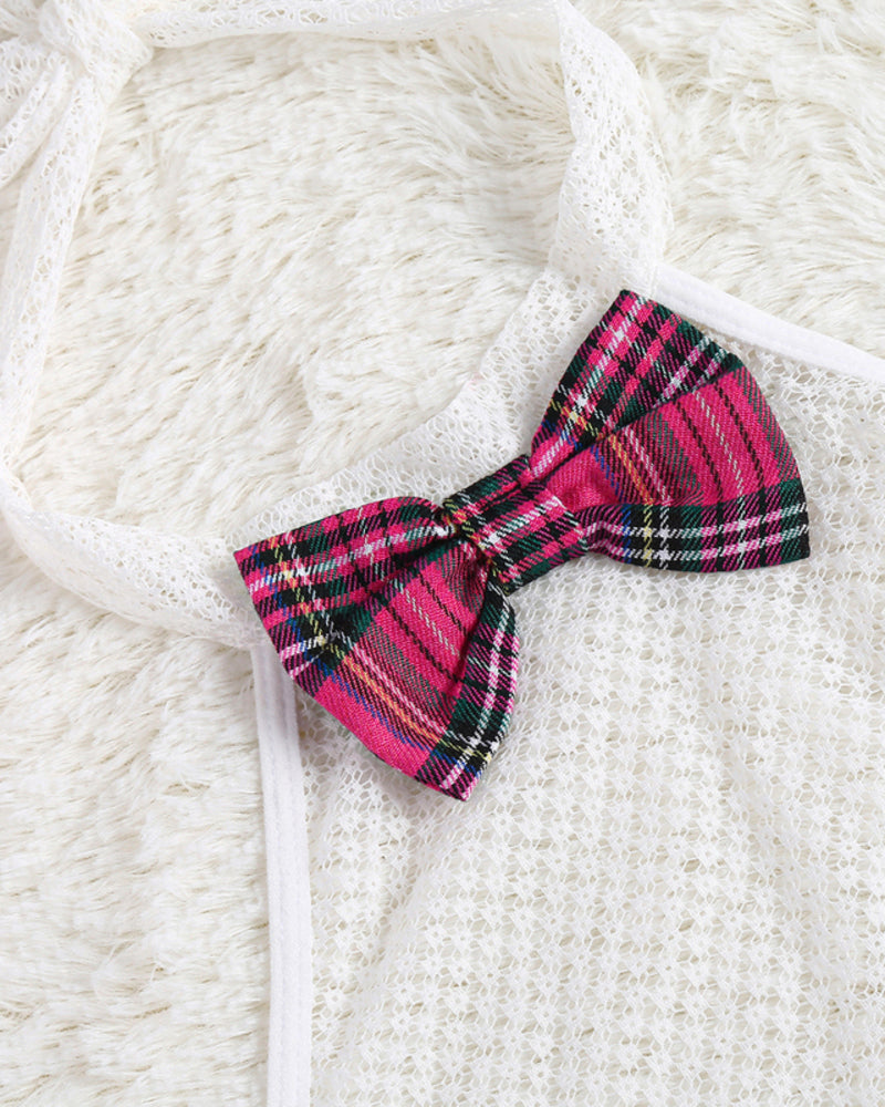 Plaid bow tie with dark pink, green, and black stripes