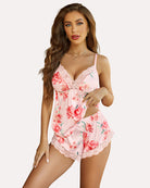 Pink floral lace satin pajama set with spaghetti-strap camisole and lace shorts
