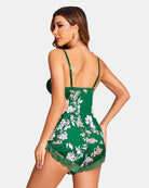 Women’s satin pajama set dark green floral print with lace trim, strappy back camisole shorts