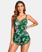 Green satin pajama cami and shorts set with floral print and lace trim