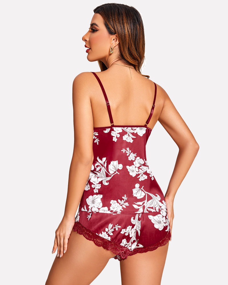 Women’s satin pajama set deep red with white floral print, lace trim camisole and shorts back view