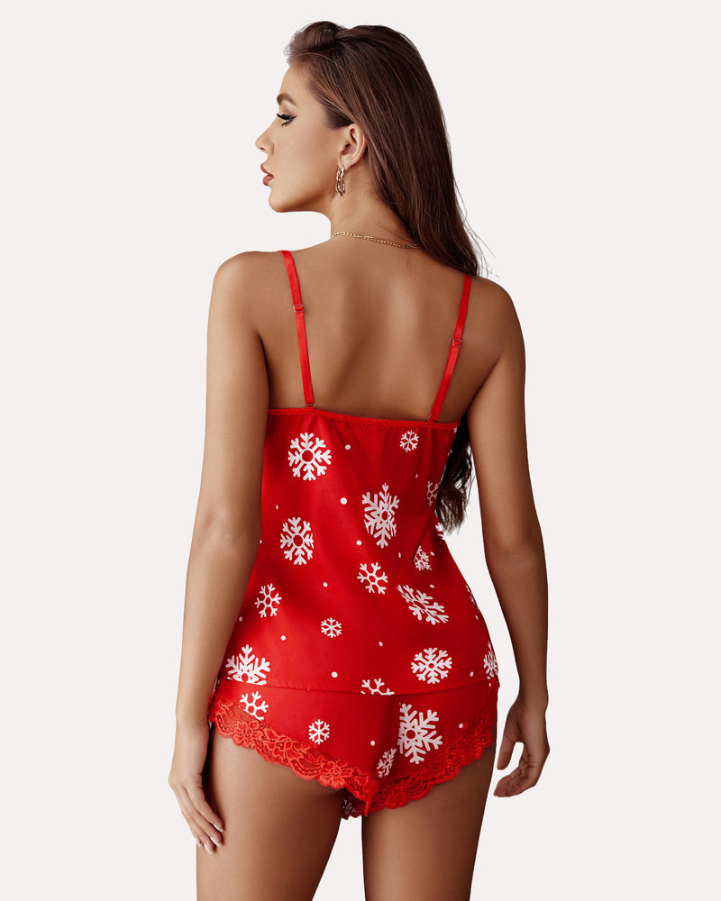 Red satin pajama set, lace-back camisole and matching lace-trim shorts