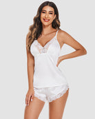White satin pajama cami and shorts set with lace trim