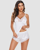 Lace satin camisole and shorts set, white with lace trim and bow detail, front view