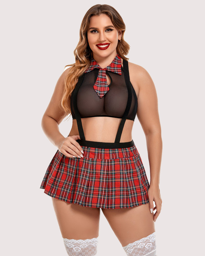 Black mesh tie-neck halter top with red plaid mini skirt and white lace thigh highs.