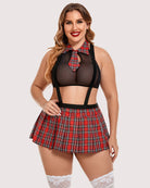 Black mesh tie-neck halter top with red plaid mini skirt and white lace thigh highs.