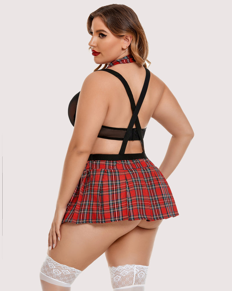 Black tie-back halter top with red plaid mini skirt and white lace thigh highs, side view.