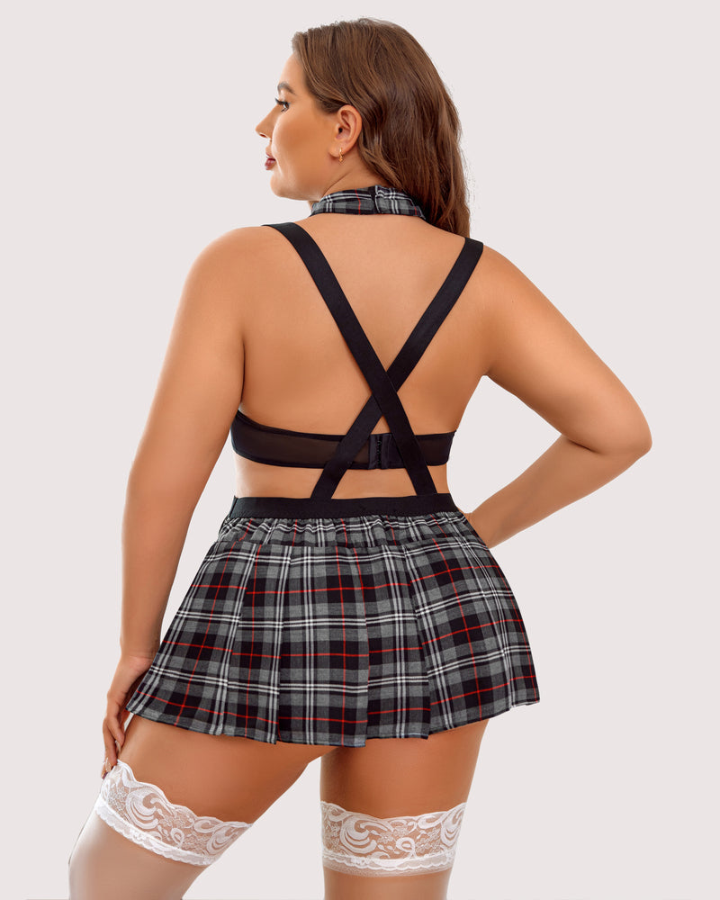 Red plaid mini skirt with black cross-back halter top and white lace thigh highs, back.