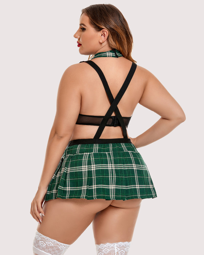 Plus size tie-top and mini skirt set, green plaid open-back crisscross straps