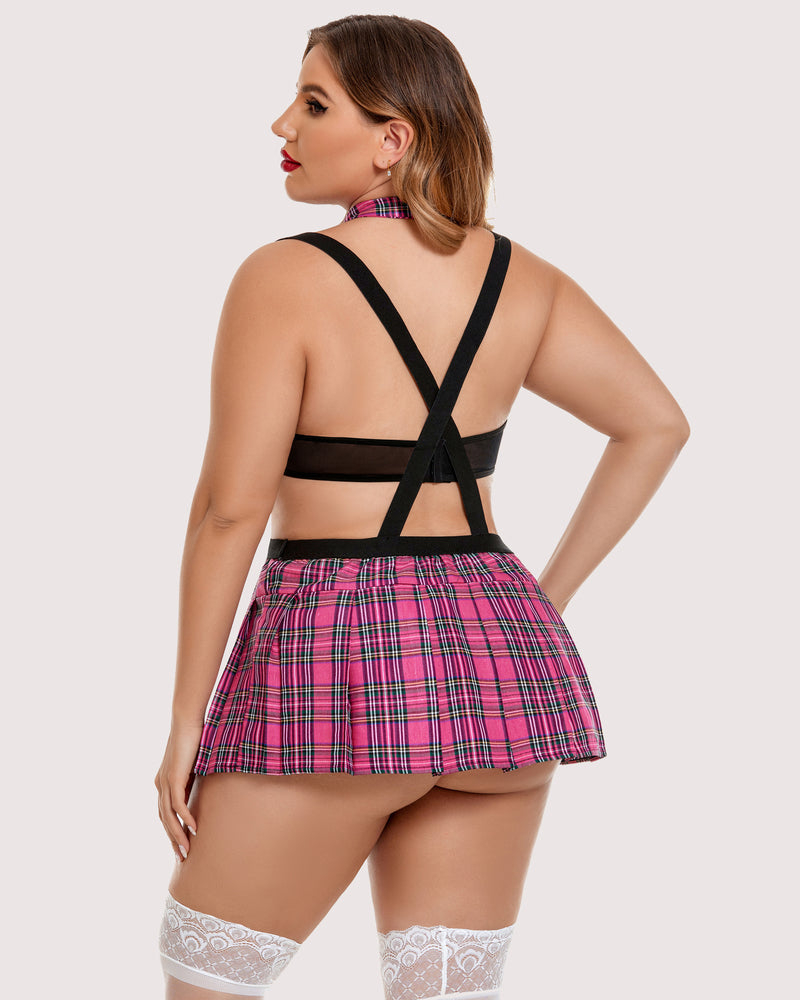 Plus size tie-top and mini skirt set, pink plaid open-back crisscross straps