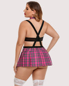 Plus size tie-top and mini skirt set, pink plaid open-back crisscross straps
