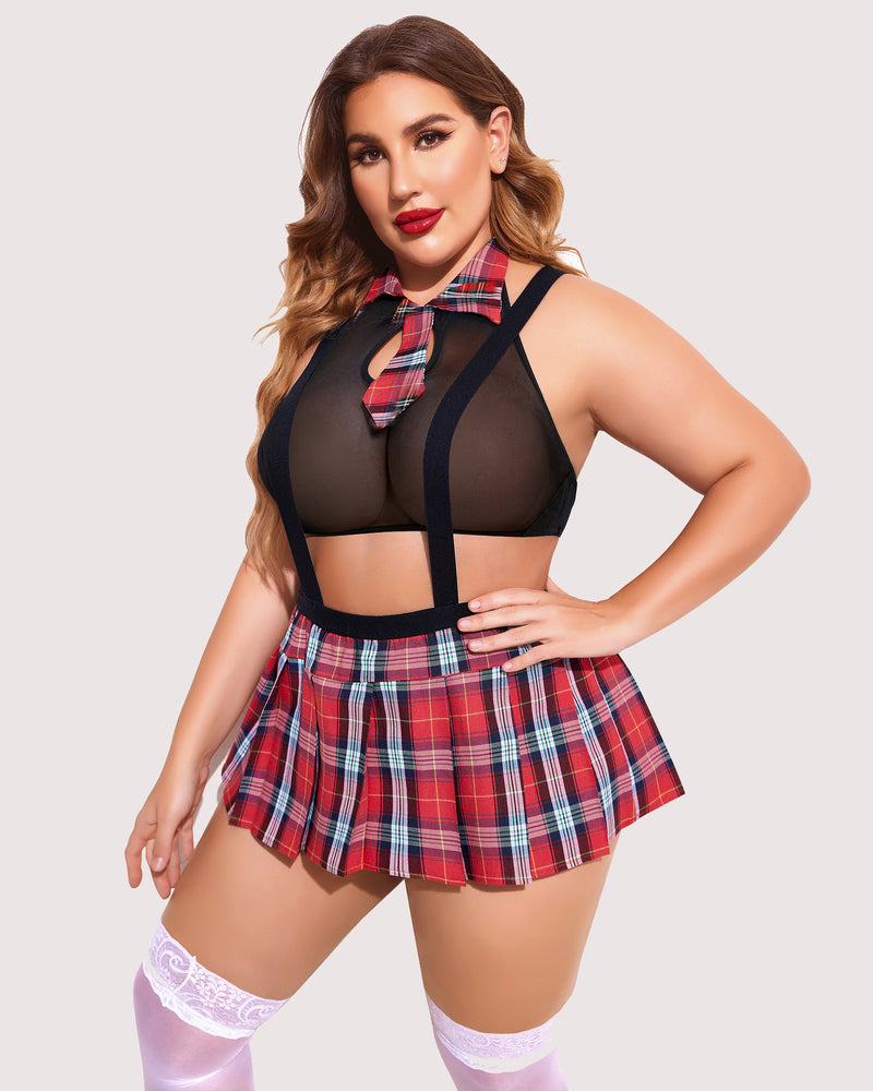 Plus size tie-top and mini skirt set, red plaid pleated mini skirt with neck tie