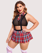 Plus size tie-top and mini skirt set, red plaid pleated mini skirt with neck tie