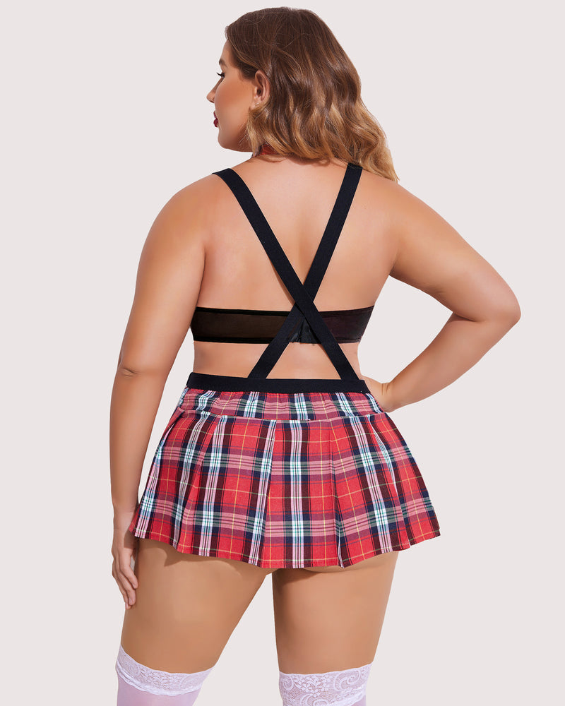 Plus size tie-top and mini skirt set, red plaid pleated mini skirt, open-back straps