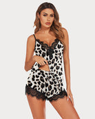 Leopard print short pajama set with black lace bust panels and lace-trim shorts