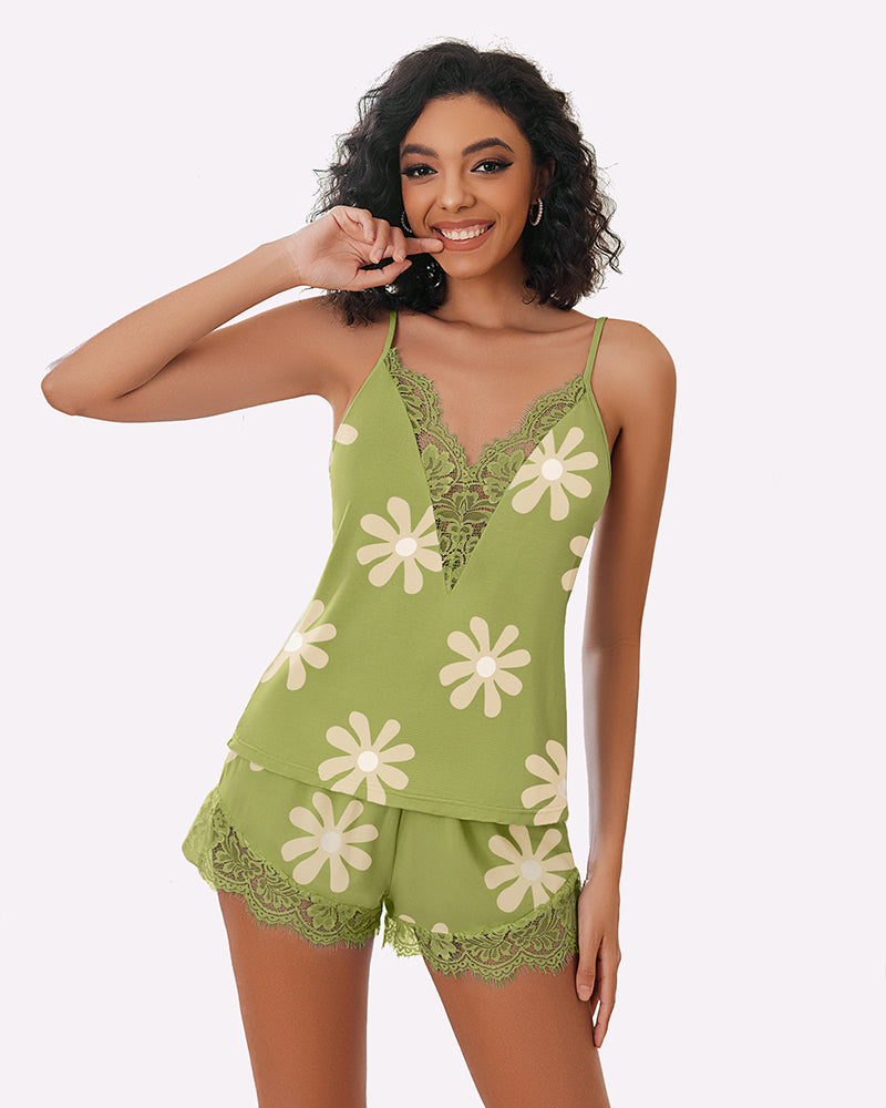 Green floral pajama set with lace-trim camisole and matching lace-edged shorts