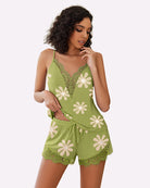 Green floral pajama set with V-neck lace camisole and pull-on shorts with lace hem