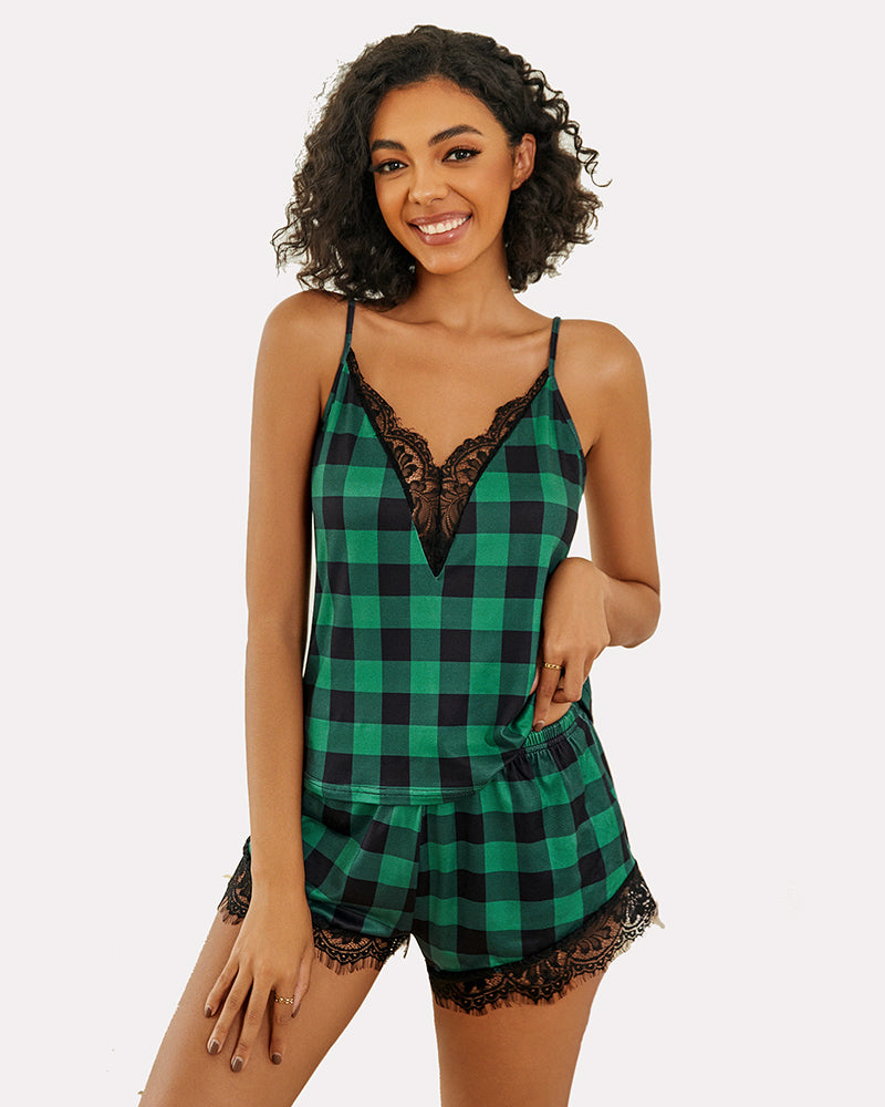 Green plaid lace-trim pajama set with lace V-neck cami and lace hem shorts