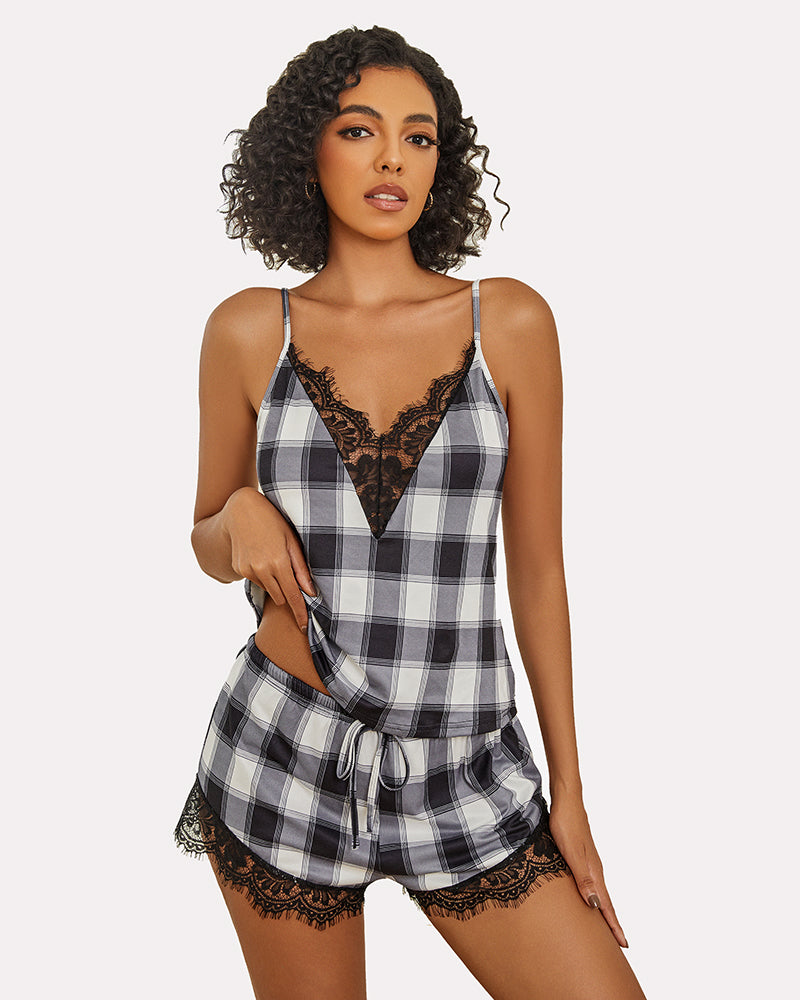 Black-and-white plaid lace-trim pajama set with lace V-neck cami and lace hem drawstring shorts