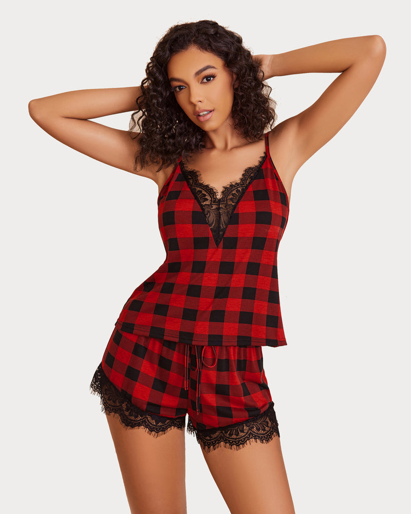 Red plaid pajama set with lace-trim camisole and matching lace-hem shorts