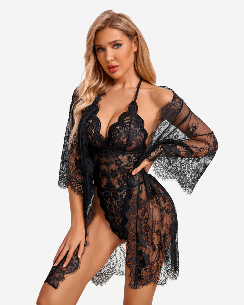 Black lace robe and teddy set with lace robe drape and scalloped lace hem