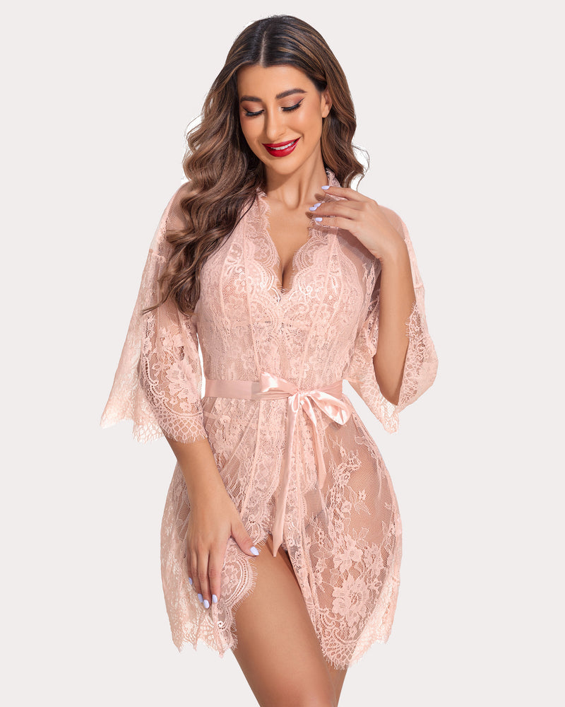 Pink lace robe and teddy set with satin-tie waist and V-neck teddy