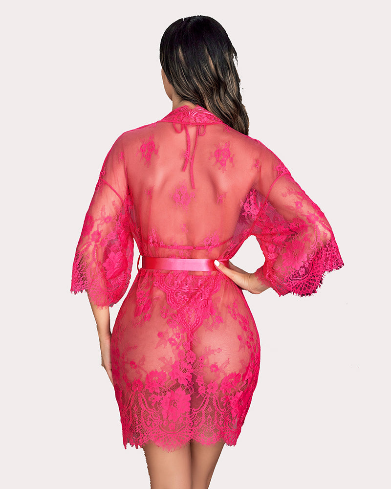Bright pink lace teddy and robe set with tie waist and sheer back, back view