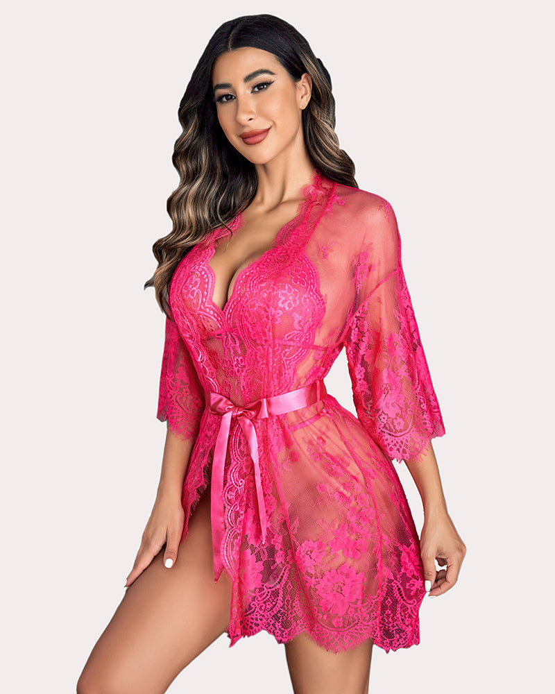 Bright pink lace robe and teddy set with deep V teddy and belted robe