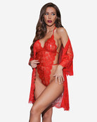 Red lace lingerie set with lace robe, triangle cups and open side cut