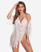 White lace teddy with matching lace robe, short scalloped hem and lace sleeves