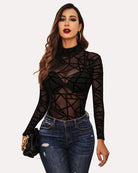 Turtleneck sheer mesh bodysuit with black geometric lattice pattern, long sleeves.