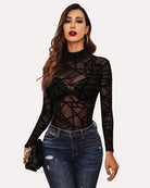 Turtleneck sheer bodysuit with long sleeves, black geometric mesh and crisscross cutouts