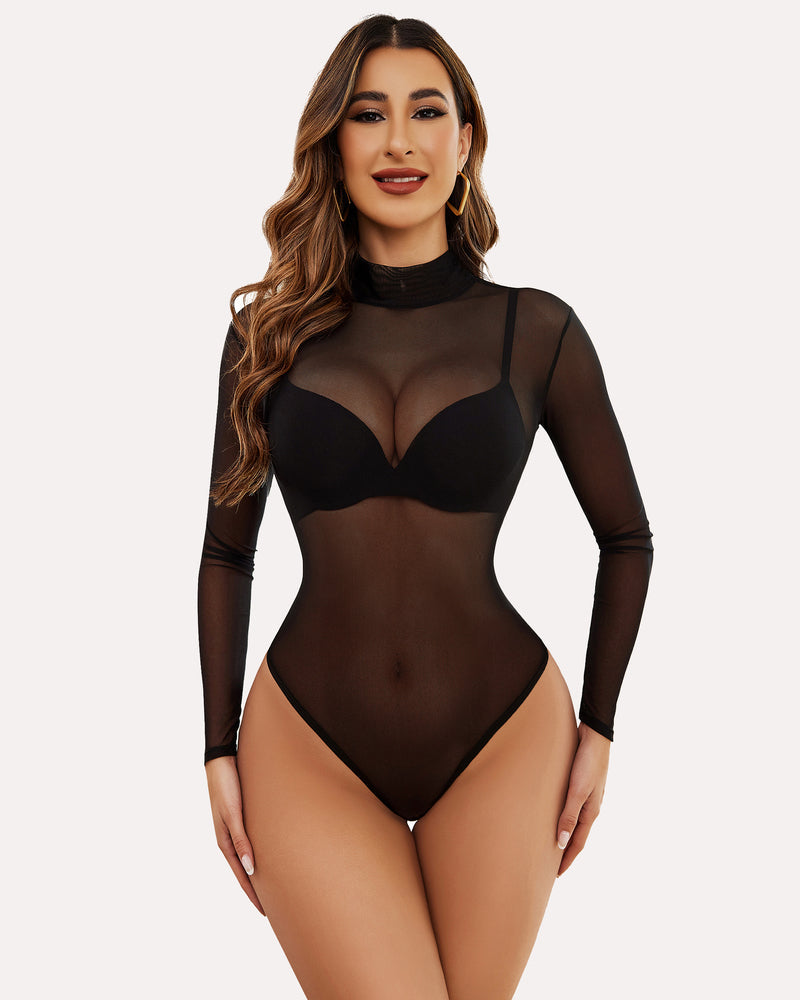 Dark sheer mesh long-sleeve bodysuit with turtleneck and lace-like overlay